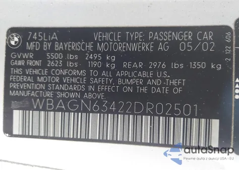 2002 BMW 745Li из США, поврежденный, VIN WBAGN63422DR02501